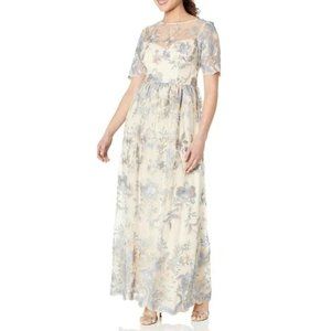 ADRIANNA PAPELL Women's Embroidered Illusion Gown Thundercloud/Gold Size 6